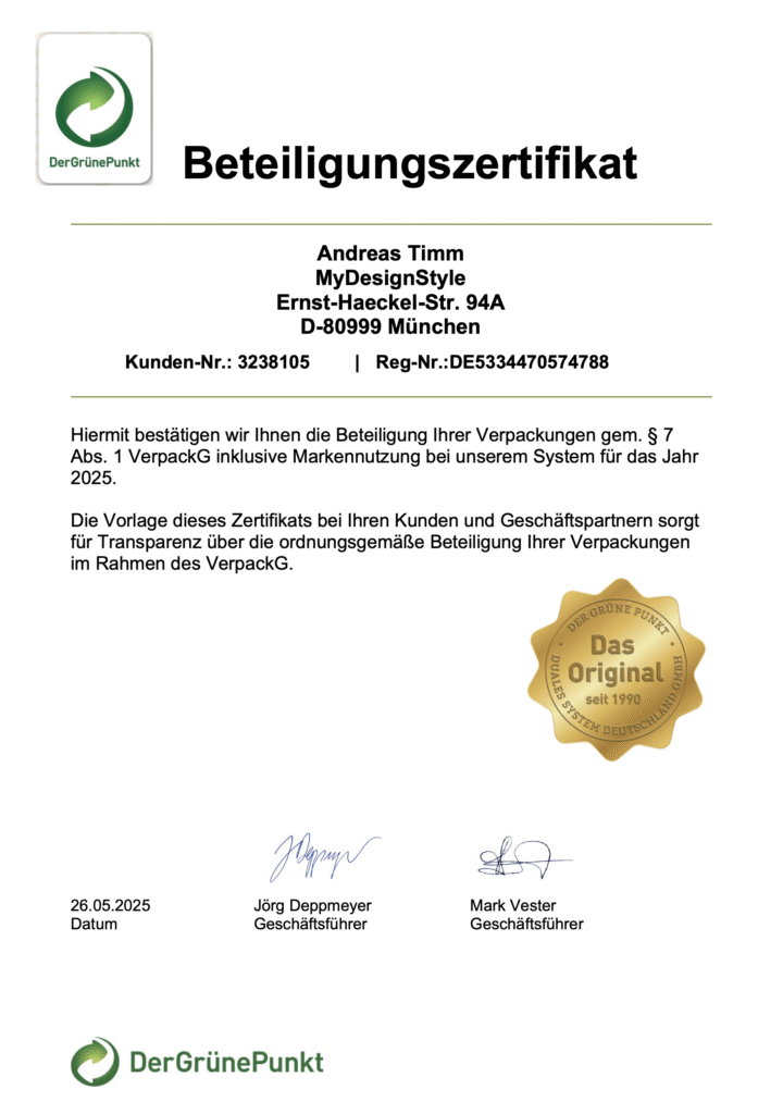 Zertifikat der Beteiligung am VerpackG 2025, MyDesignStyle, mit grüner Logo und goldenem Siegel, positive Bestätigung.