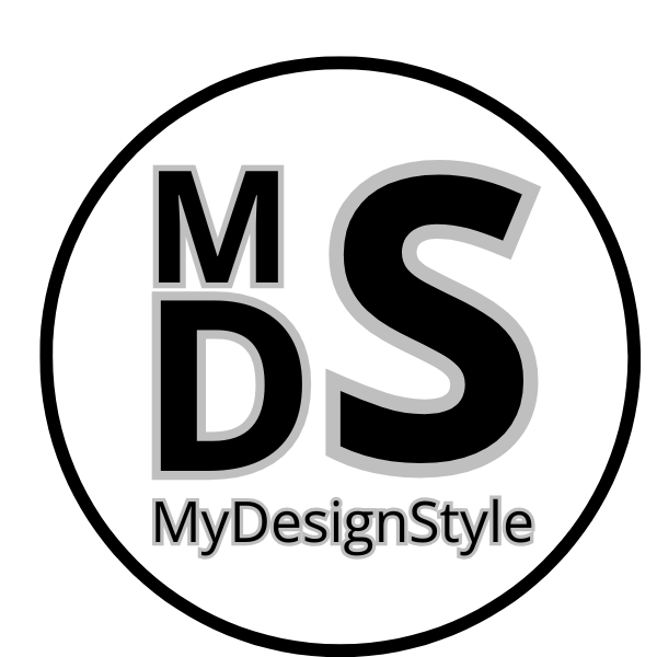 Logo von MyDesignStyle mit schwarzen Buchstaben MDS und Schriftzug, stilvoll in einem Kreis präsentiert.