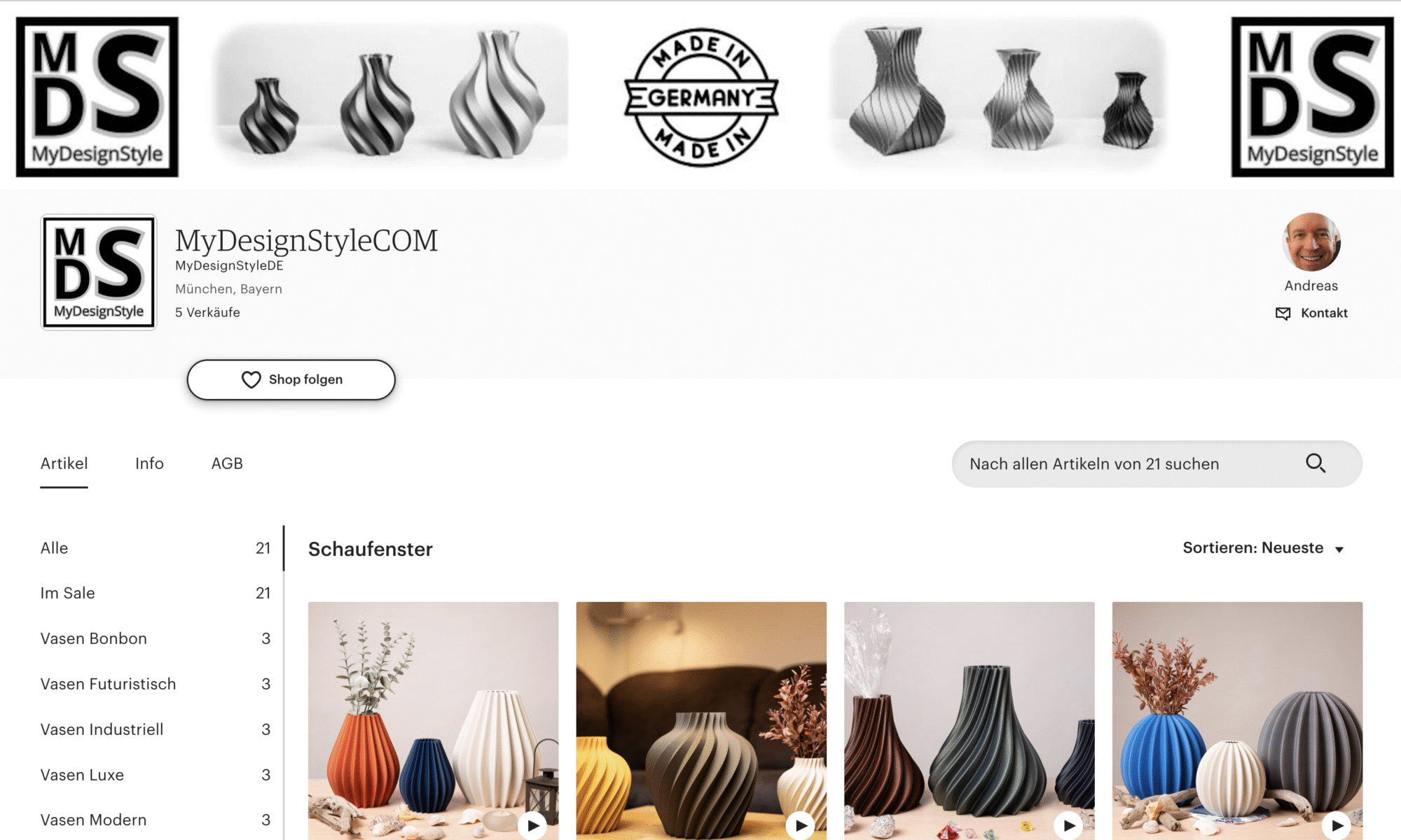 3D-gedruckte Vasen in eleganten Formen und Farben auf MyDesignStyleCOM, gestaltet für modernen Wohnstil, Made in Germany.