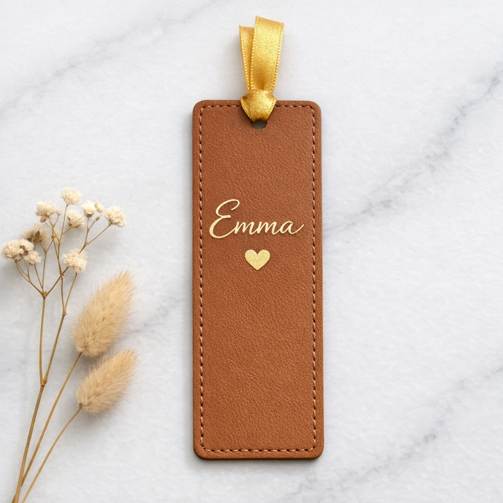 Personalisiertes Lesezeichen aus veganem Kunstleder in Braun mit goldener Gravur – MyDesignStyle