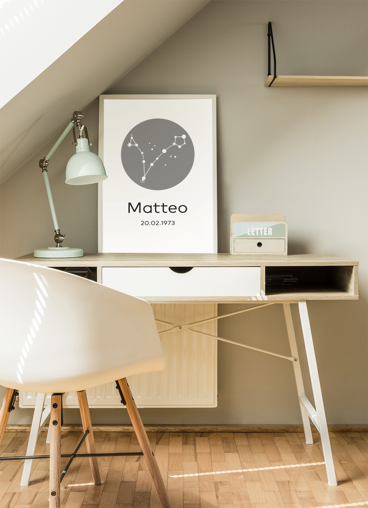 Sternzeichen-Poster Fische gerahmt auf einem Schreibtisch im Schlafzimmer